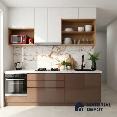 Modern kitchen with glossy brown laminate, white marble backsplash tile, and white upper cabinets